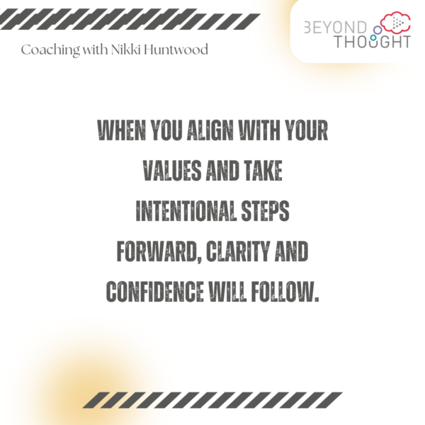 Words on canva that say When you align with your values and take intentional steps forward, clarity and confidence will follow.