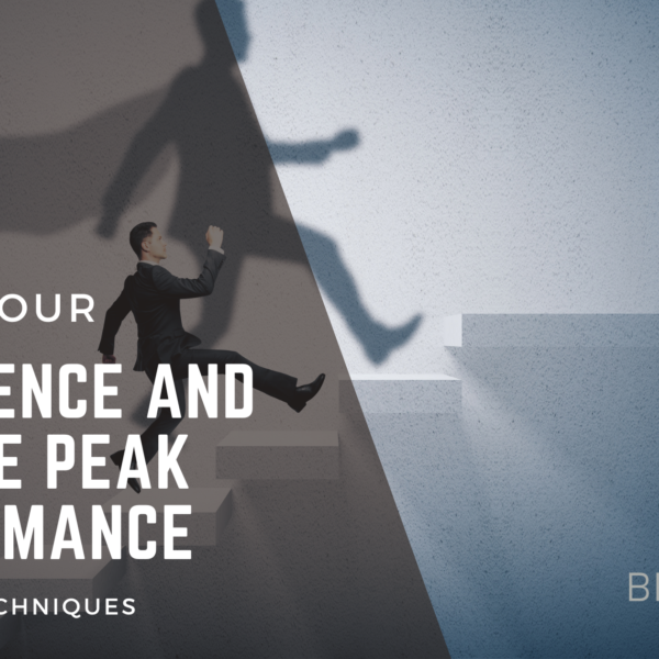 picture of a man climbing stairs and his shadow is much bigger than him - with words saying "Boost Your Confidence and Achieve Peak Performance with Flow Techniques"
